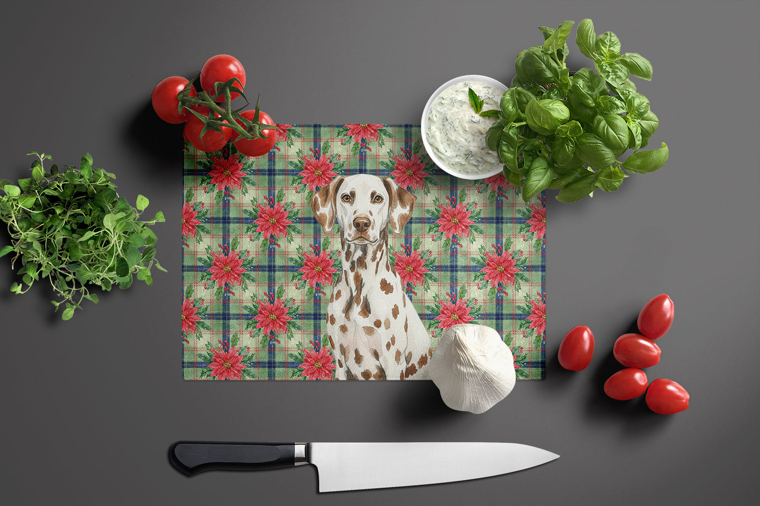 Liver Dalmatian Christmas PoinsettIas Cutting Board Tempered Glass Kitchen Cutting Surface, Heat Resistant Chopping, Non-Slip Feet, Food Prep & Serving