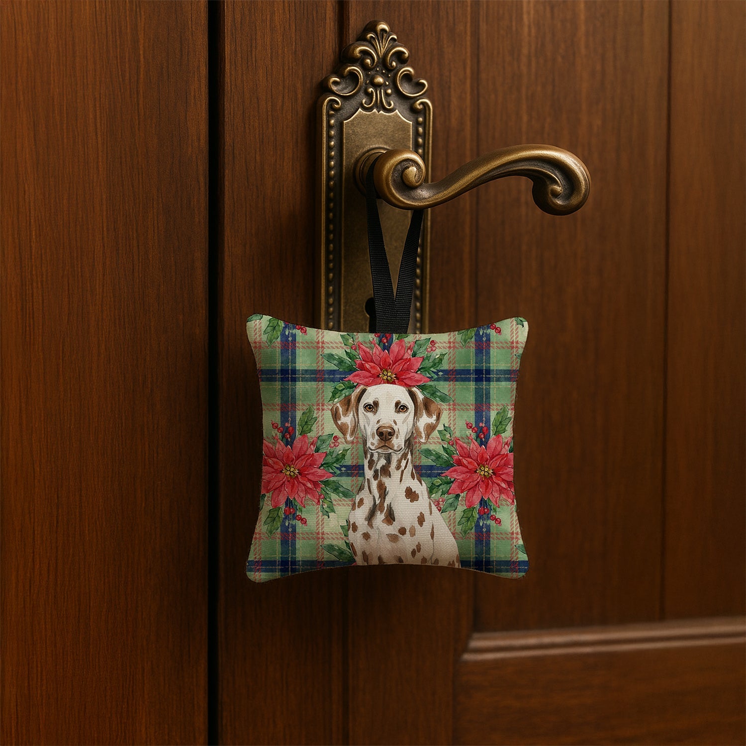 Liver Dalmatian Christmas PoinsettIas Hanging Square Fabric Ornament 3.5 � 3.5 Decorative Door-Knob & Tree Hanger, Soft Fabric