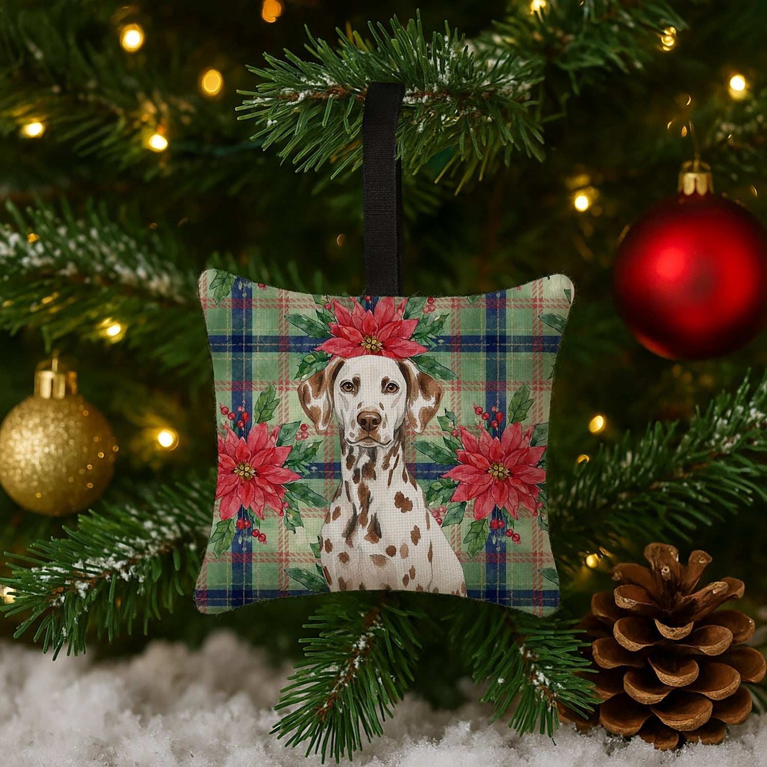 Liver Dalmatian Christmas PoinsettIas Hanging Square Fabric Ornament 3.5 � 3.5 Decorative Door-Knob & Tree Hanger, Soft Fabric
