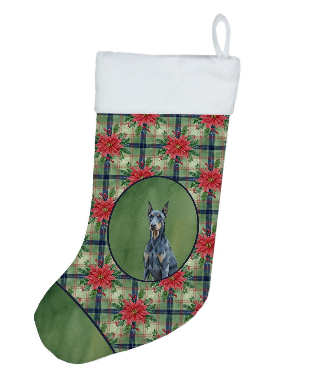 Blue Doberman Pinscher Christmas PoinsettIas Holiday Stocking Double-Sided Print, Polyester Suede,11x18, Made in USA