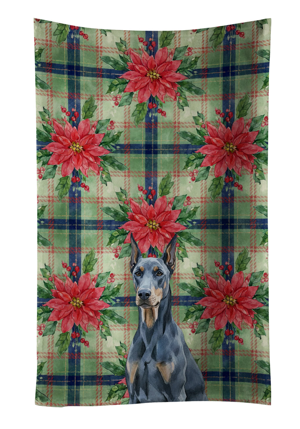 Blue Doberman Pinscher Christmas PoinsettIas Kitchen Towel Velour Plush Front and Cotton Loop Back Machine Washable
