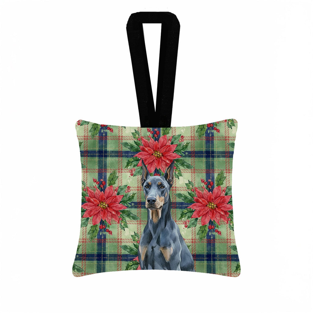 Blue Doberman Pinscher Christmas PoinsettIas Hanging Square Fabric Ornament 3.5 � 3.5 Decorative Door-Knob & Tree Hanger, Soft Fabric