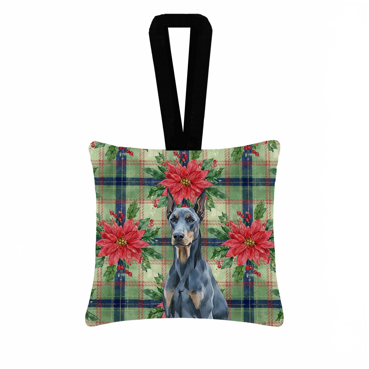 Blue Doberman Pinscher Christmas PoinsettIas Hanging Square Fabric Ornament 3.5 � 3.5 Decorative Door-Knob & Tree Hanger, Soft Fabric