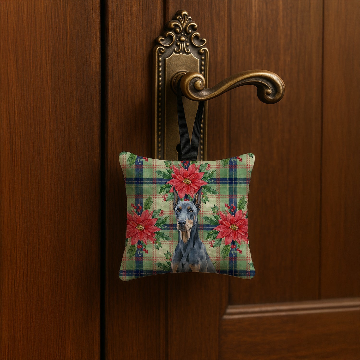 Blue Doberman Pinscher Christmas PoinsettIas Hanging Square Fabric Ornament 3.5 � 3.5 Decorative Door-Knob & Tree Hanger, Soft Fabric