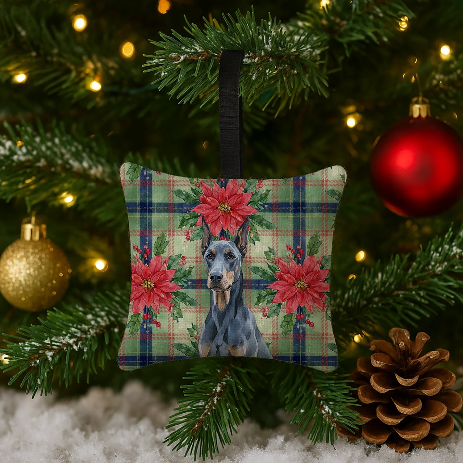 Blue Doberman Pinscher Christmas PoinsettIas Hanging Square Fabric Ornament 3.5 � 3.5 Decorative Door-Knob & Tree Hanger, Soft Fabric