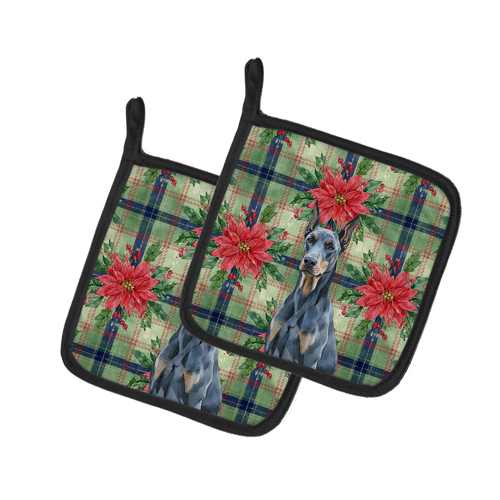 Blue Doberman Pinscher Christmas PoinsettIas Pot Holder Set of 2 Heat Resistant Quilted Hot Pads 7.5 x 7.5 Inch, Insulated Kitchen Trivets for Cooking & Baking