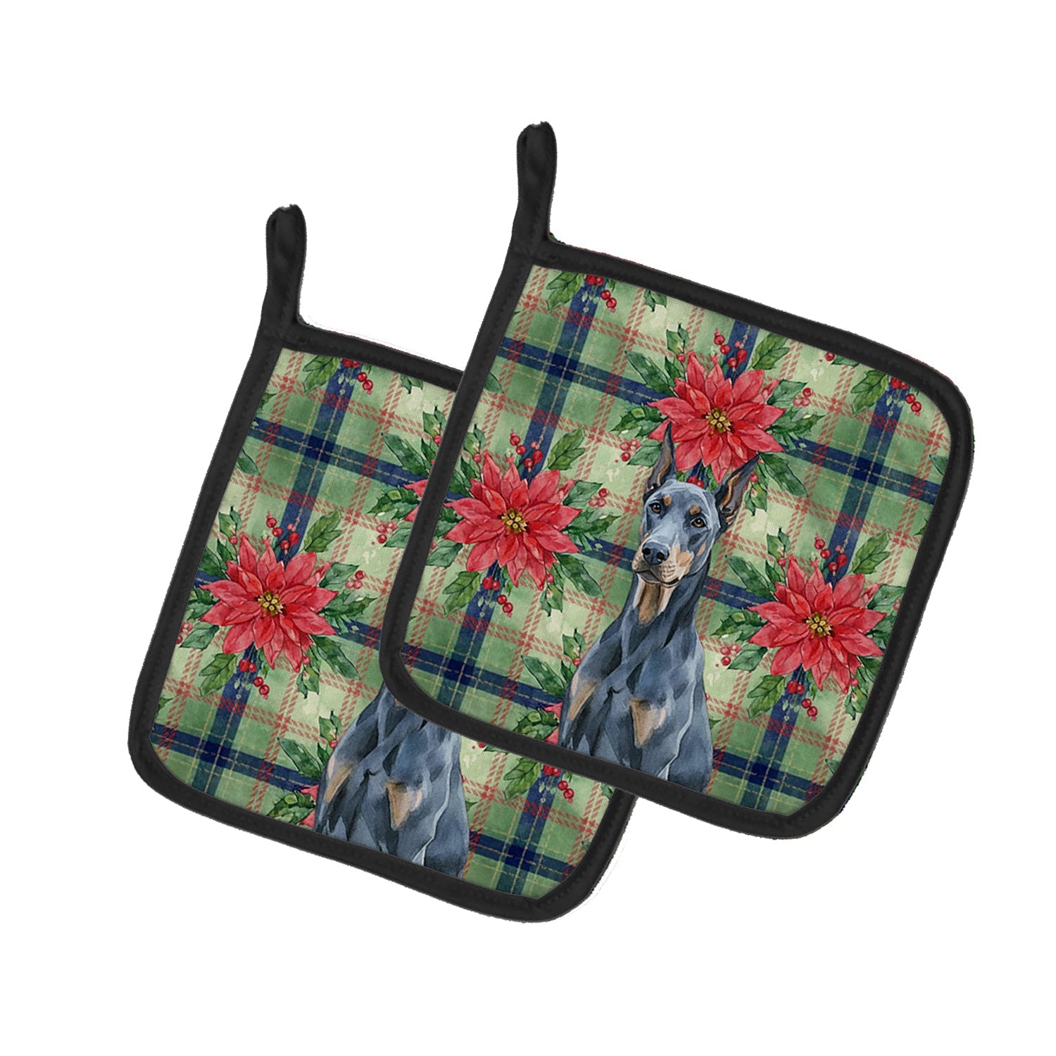 Blue Doberman Pinscher Christmas PoinsettIas Pot Holder Set of 2 Heat Resistant Quilted Hot Pads 7.5 x 7.5 Inch, Insulated Kitchen Trivets for Cooking & Baking