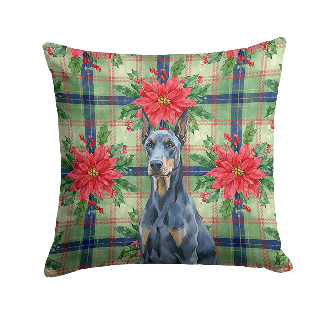 Blue Doberman Pinscher Christmas PoinsettIas Decorative Throw Pillow 14x14 Indoor Outdoor Accent Cushion, Fabric Cover with Insert for Sofa, Bed, Porch & Living Room