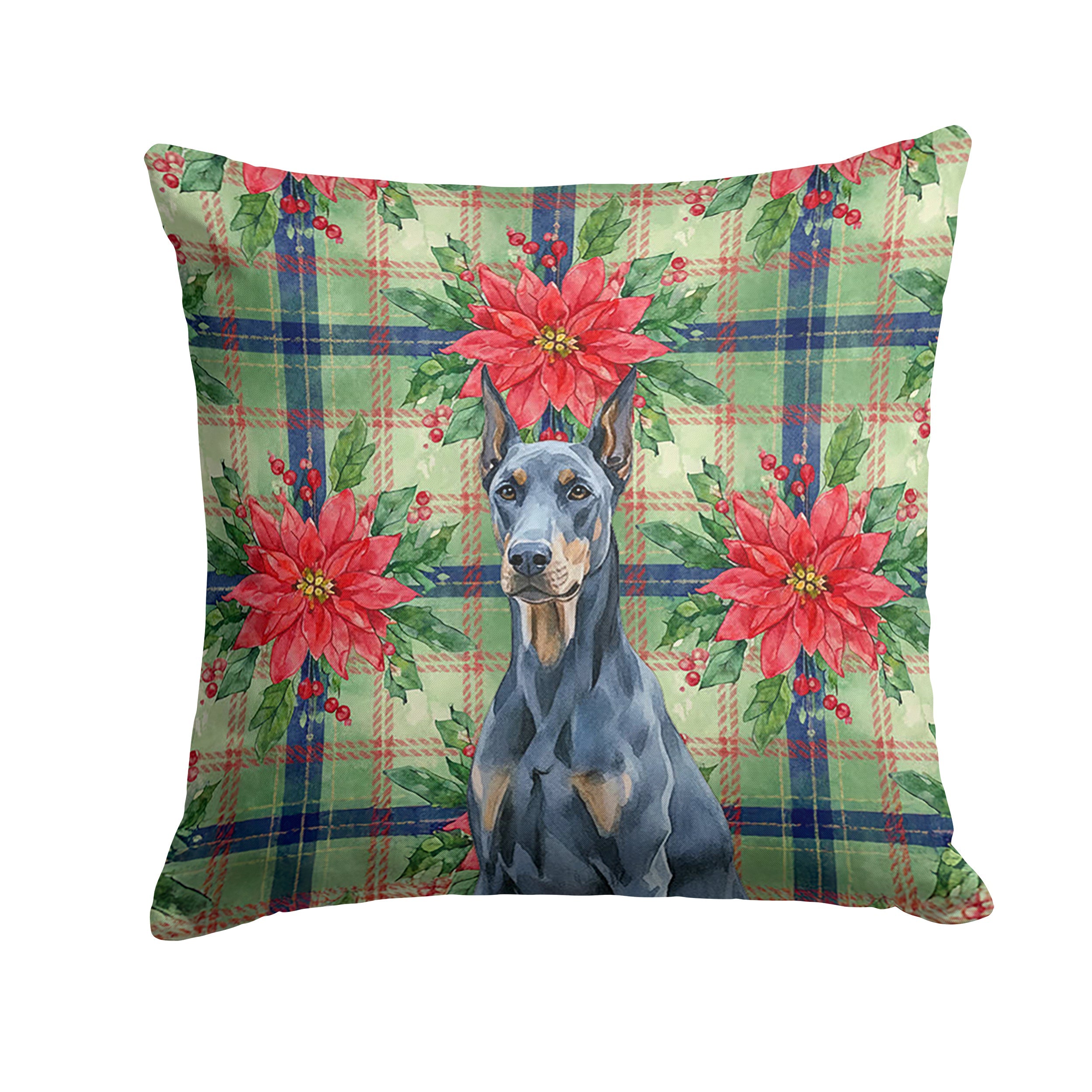 Blue Doberman Pinscher Christmas PoinsettIas Decorative Throw Pillow 18x18 Indoor Outdoor Accent Cushion, Fabric Cover with Insert for Sofa, Bed, Porch & Living Room