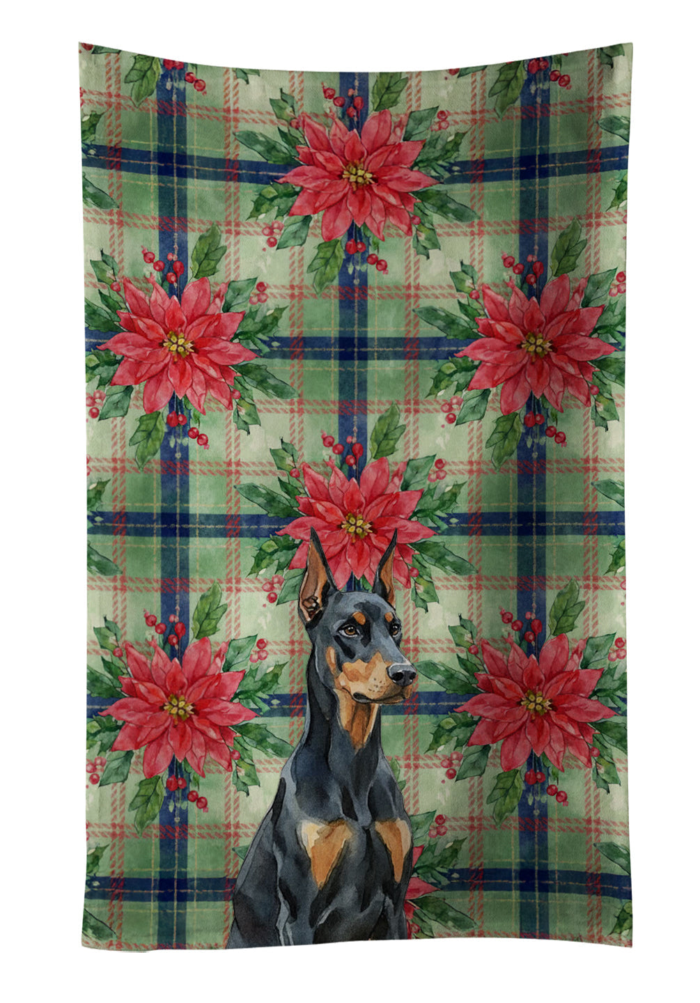 Doberman Pinscher Christmas PoinsettIas Kitchen Towel Velour Plush Front and Cotton Loop Back Machine Washable