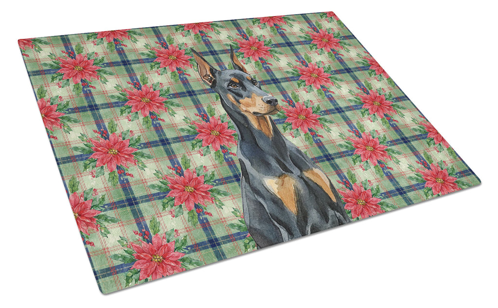 Doberman Pinscher Christmas PoinsettIas Cutting Board Tempered Glass Kitchen Cutting Surface, Heat Resistant Chopping, Non-Slip Feet, Food Prep & Serving