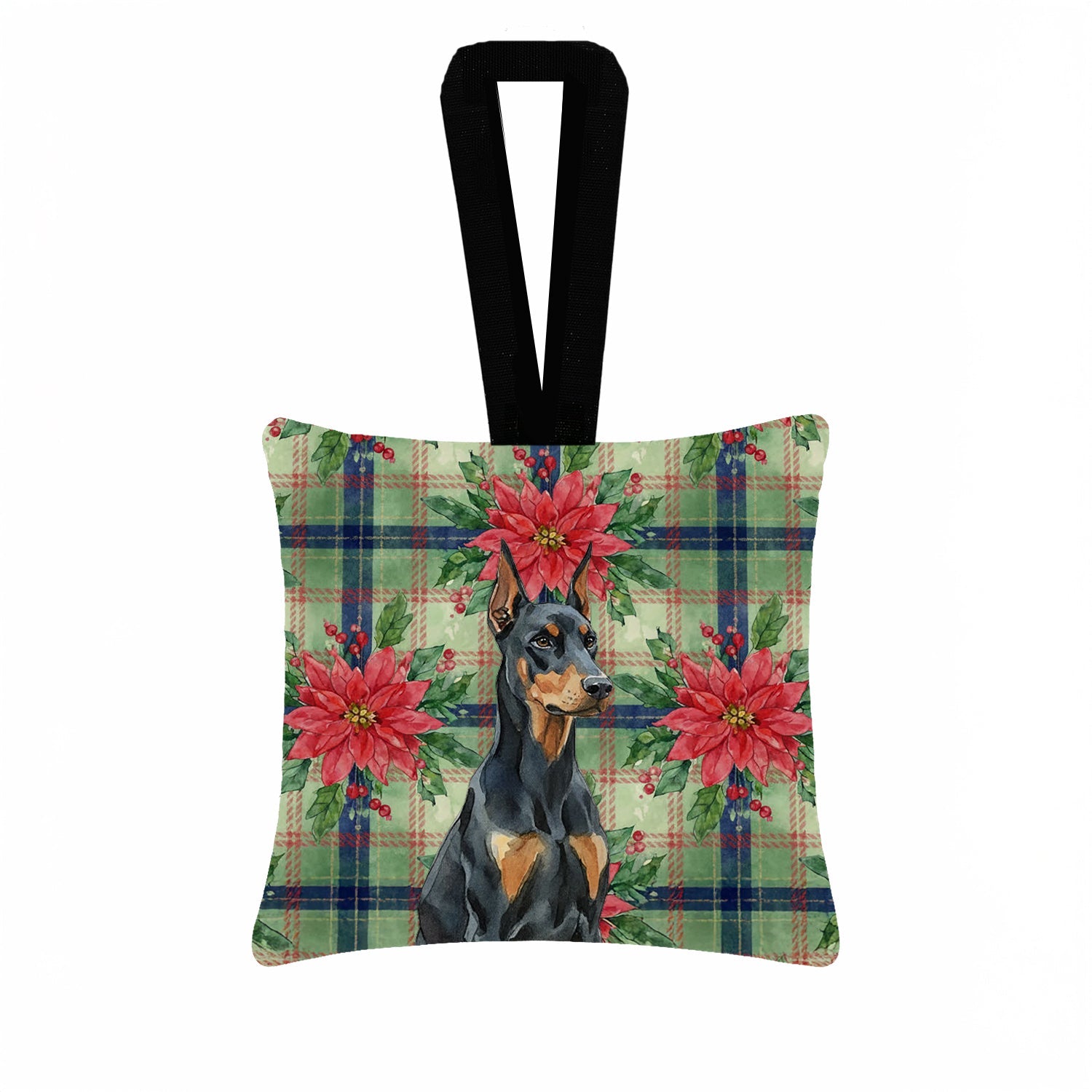 Doberman Pinscher Christmas PoinsettIas Hanging Square Fabric Ornament 3.5 � 3.5 Decorative Door-Knob & Tree Hanger, Soft Fabric