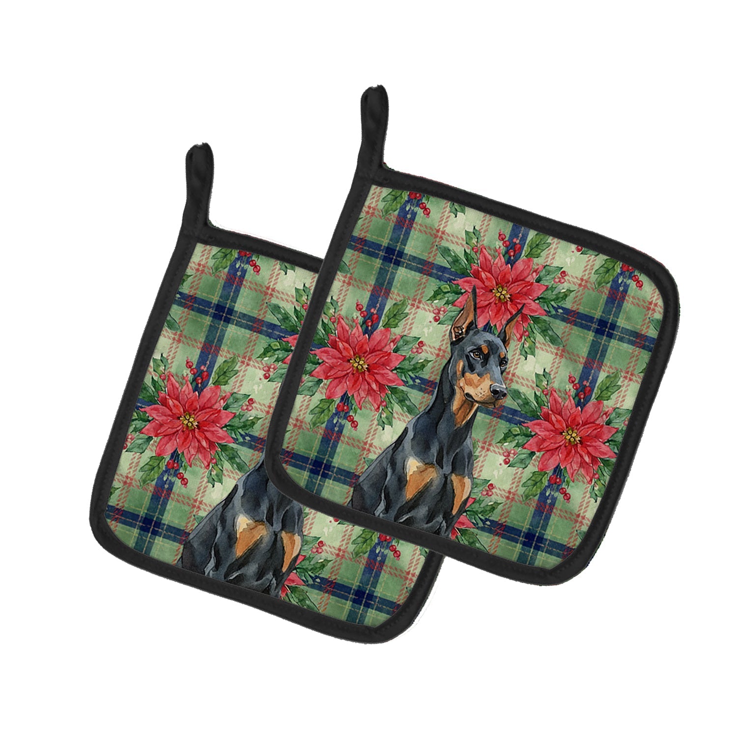 Doberman Pinscher Christmas PoinsettIas Pot Holder Set of 2 Heat Resistant Quilted Hot Pads 7.5 x 7.5 Inch, Insulated Kitchen Trivets for Cooking & Baking