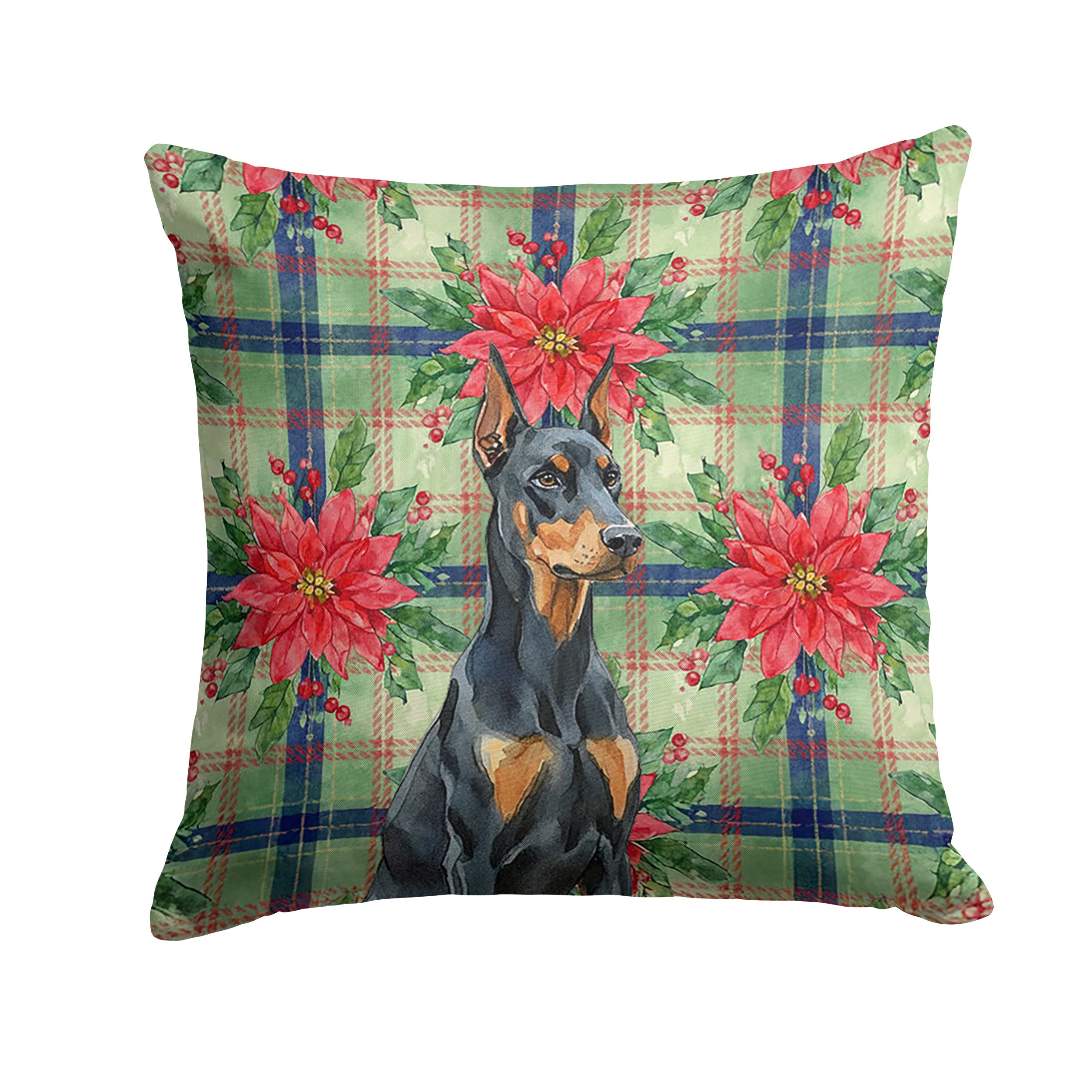 Doberman Pinscher Christmas PoinsettIas Decorative Throw Pillow 14x14 Indoor Outdoor Accent Cushion, Fabric Cover with Insert for Sofa, Bed, Porch & Living Room