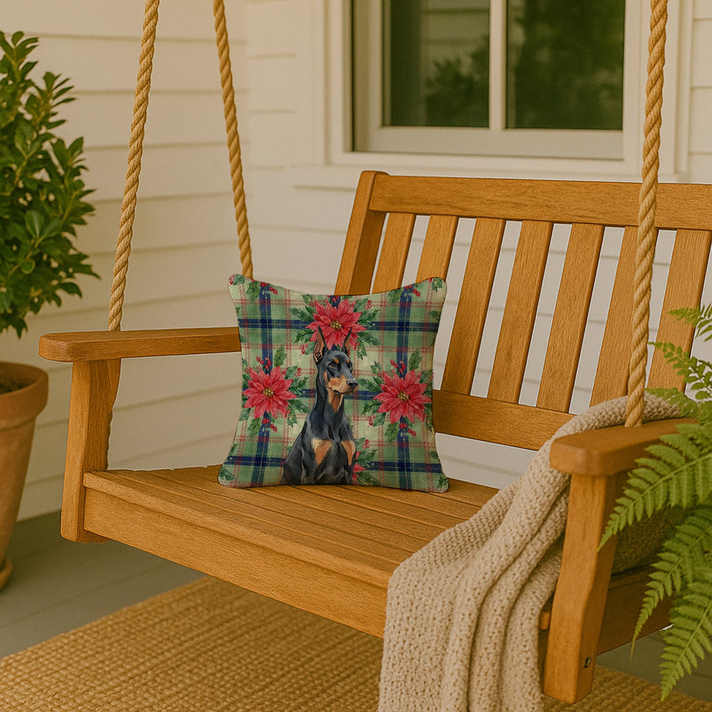 Doberman Pinscher Christmas PoinsettIas Decorative Throw Pillow 14x14 Indoor Outdoor Accent Cushion, Fabric Cover with Insert for Sofa, Bed, Porch & Living Room
