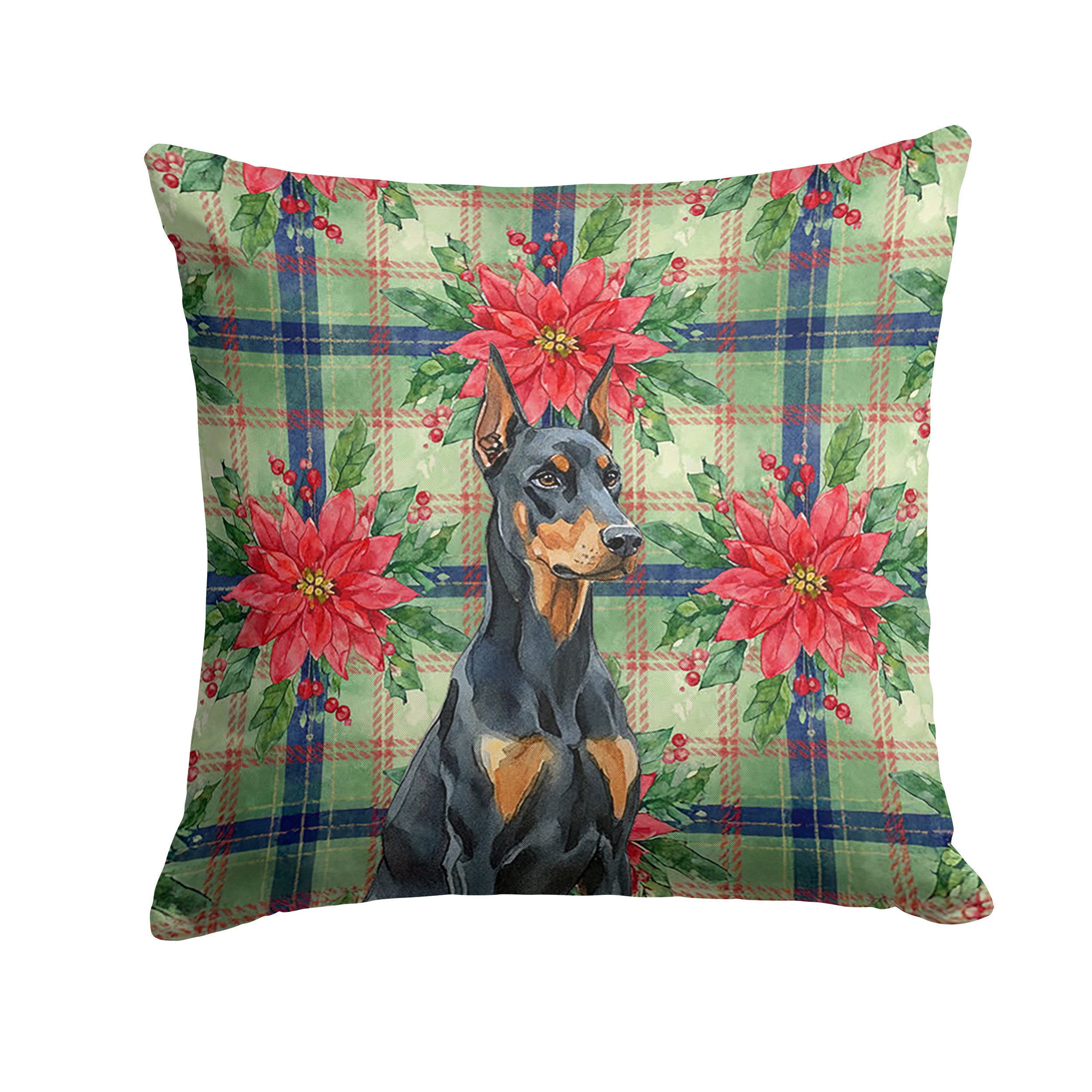 Doberman Pinscher Christmas PoinsettIas Decorative Throw Pillow 18x18 Indoor Outdoor Accent Cushion, Fabric Cover with Insert for Sofa, Bed, Porch & Living Room