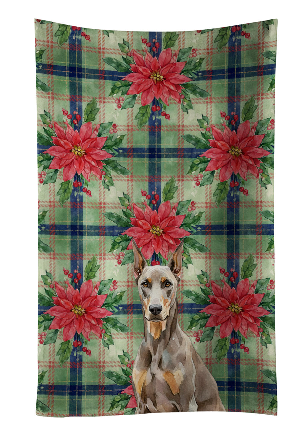 Fawn Doberman Pinscher Christmas PoinsettIas Kitchen Towel Velour Plush Front and Cotton Loop Back Machine Washable