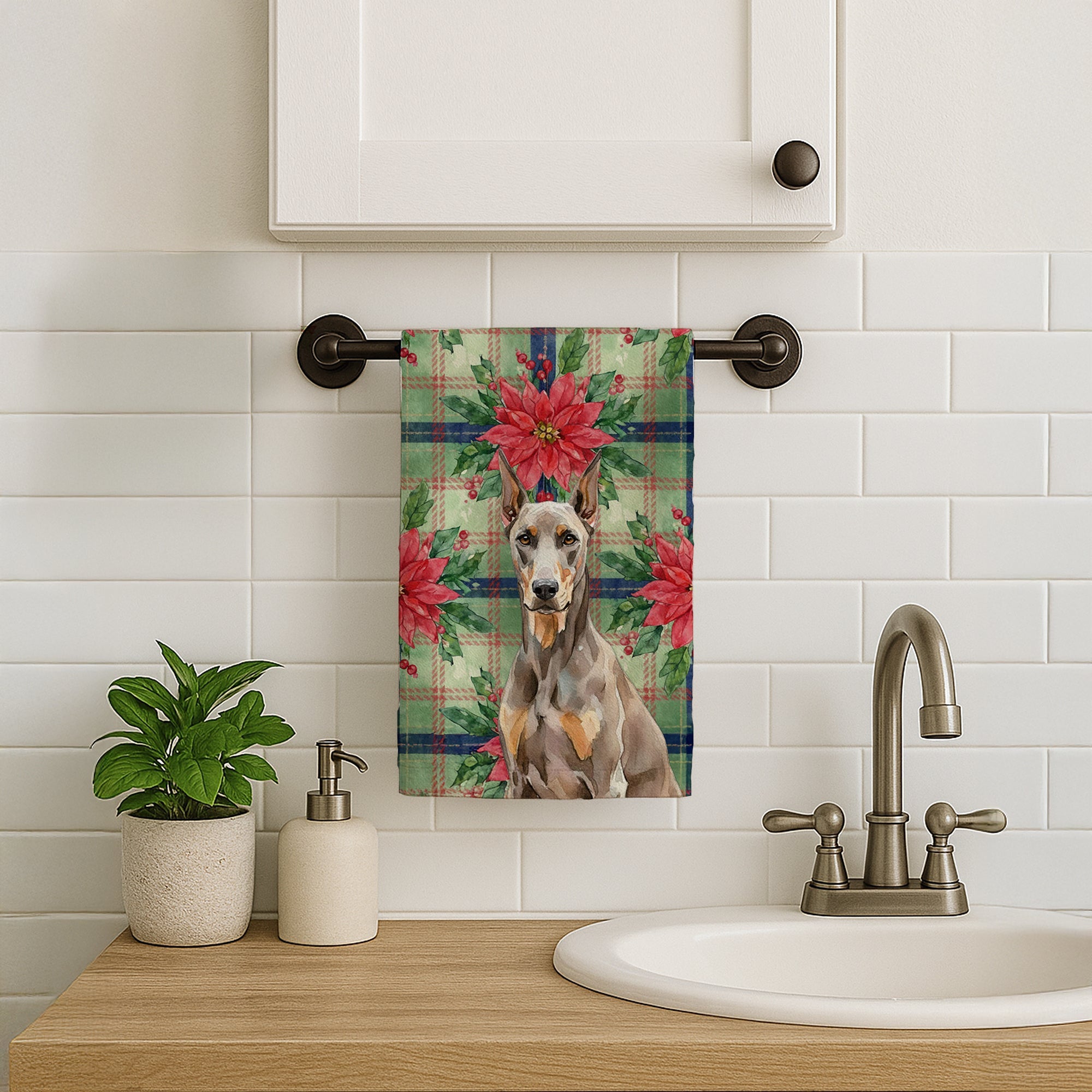 Fawn Doberman Pinscher Christmas PoinsettIas Kitchen Towel Velour Plush Front and Cotton Loop Back Machine Washable