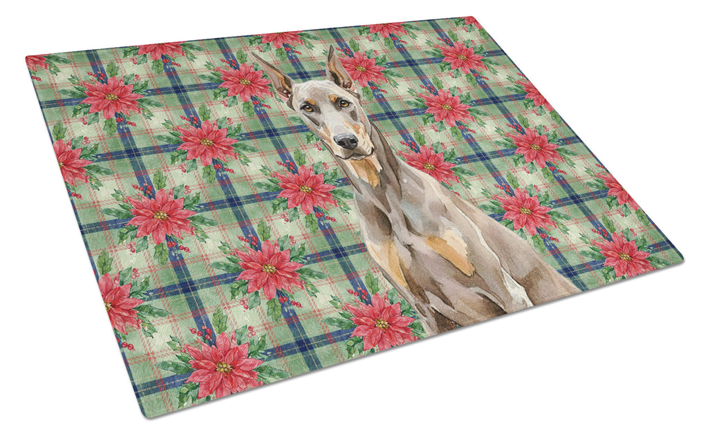Fawn Doberman Pinscher Christmas PoinsettIas Cutting Board Tempered Glass Kitchen Cutting Surface, Heat Resistant Chopping, Non-Slip Feet, Food Prep & Serving