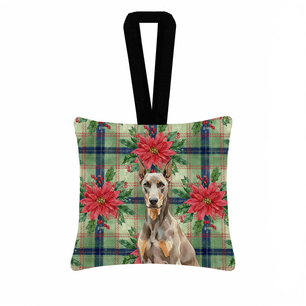 Fawn Doberman Pinscher Christmas PoinsettIas Hanging Square Fabric Ornament 3.5 � 3.5 Decorative Door-Knob & Tree Hanger, Soft Fabric