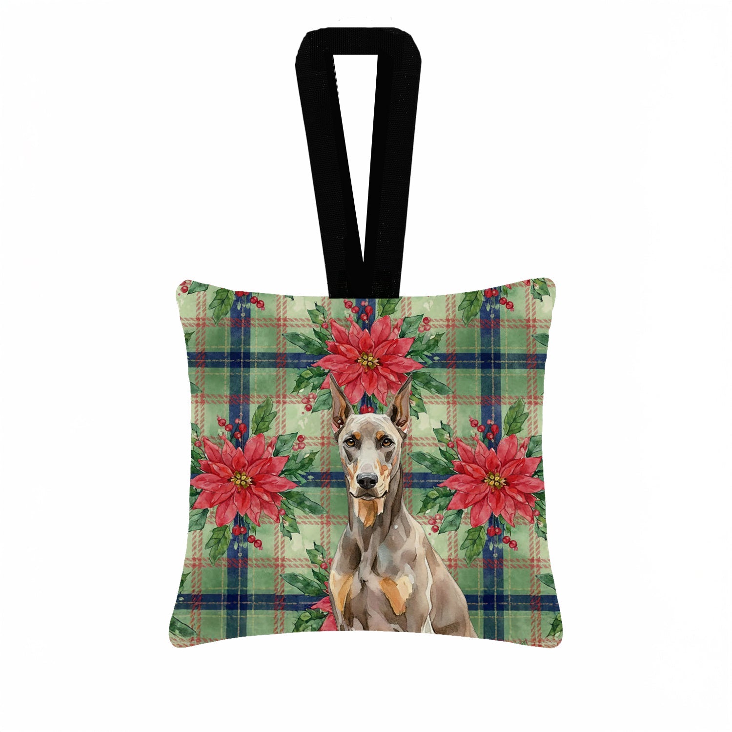 Fawn Doberman Pinscher Christmas PoinsettIas Hanging Square Fabric Ornament 3.5 � 3.5 Decorative Door-Knob & Tree Hanger, Soft Fabric