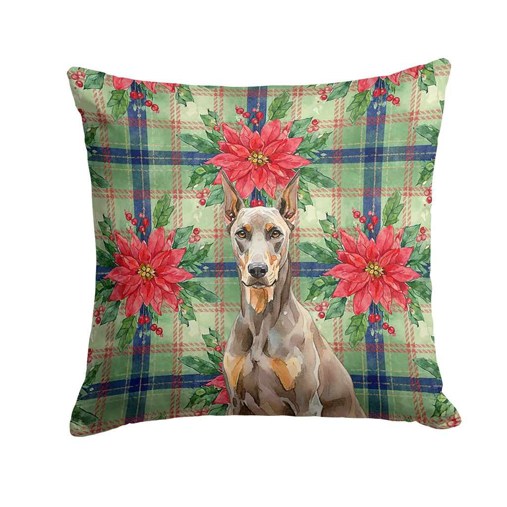 Fawn Doberman Pinscher Christmas PoinsettIas Decorative Throw Pillow 14x14 Indoor Outdoor Accent Cushion, Fabric Cover with Insert for Sofa, Bed, Porch & Living Room