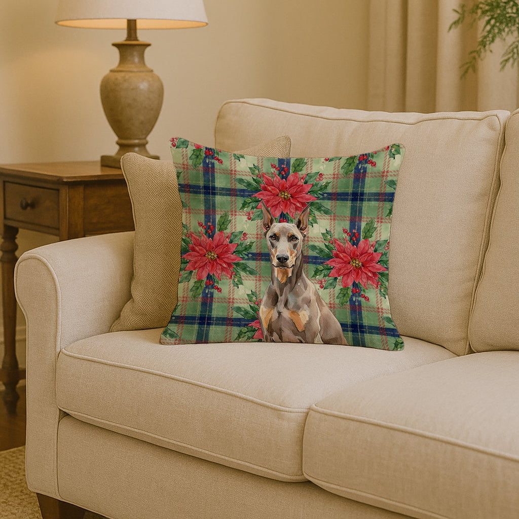 Fawn Doberman Pinscher Christmas PoinsettIas Decorative Throw Pillow 14x14 Indoor Outdoor Accent Cushion, Fabric Cover with Insert for Sofa, Bed, Porch & Living Room