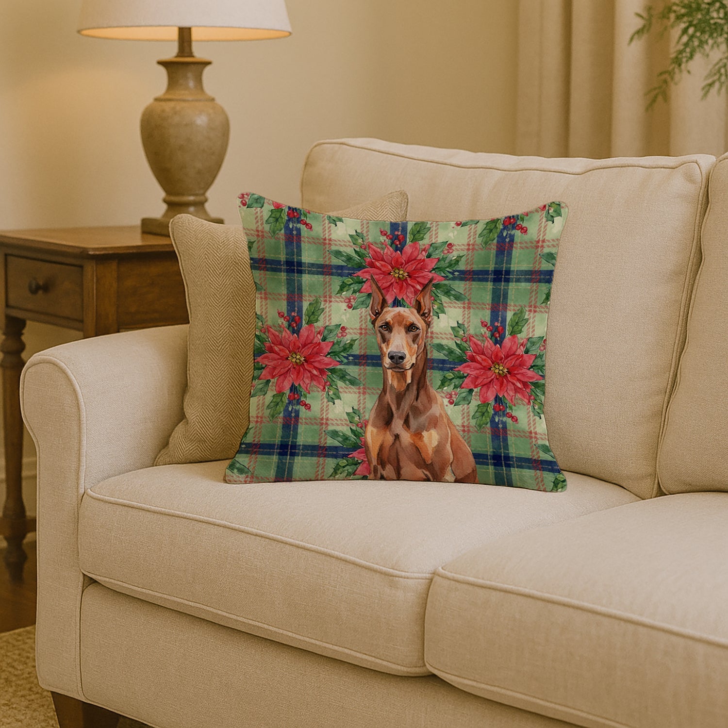 Red Doberman Pinscher Christmas PoinsettIas Decorative Throw Pillow 14x14 Indoor Outdoor Accent Cushion, Fabric Cover with Insert for Sofa, Bed, Porch & Living Room