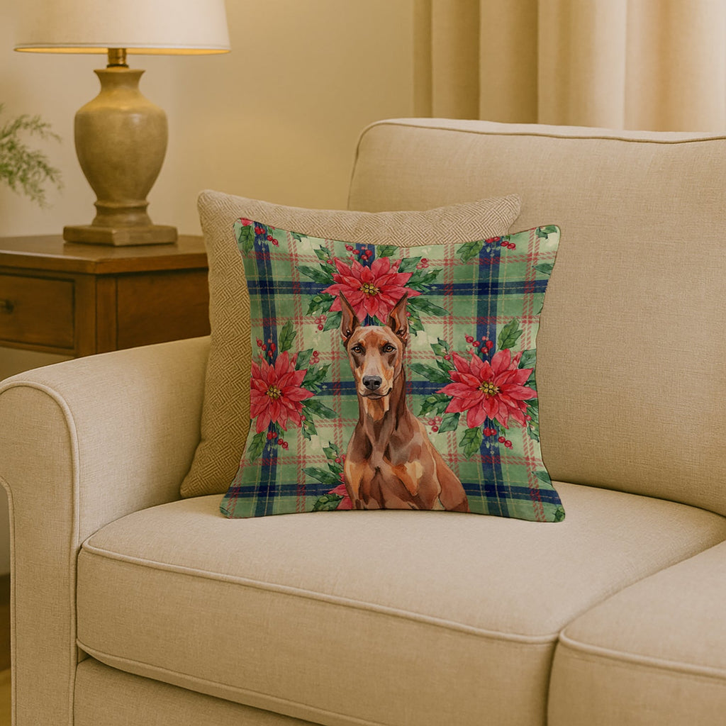 Red Doberman Pinscher Christmas PoinsettIas Decorative Throw Pillow 18x18 Indoor Outdoor Accent Cushion, Fabric Cover with Insert for Sofa, Bed, Porch & Living Room