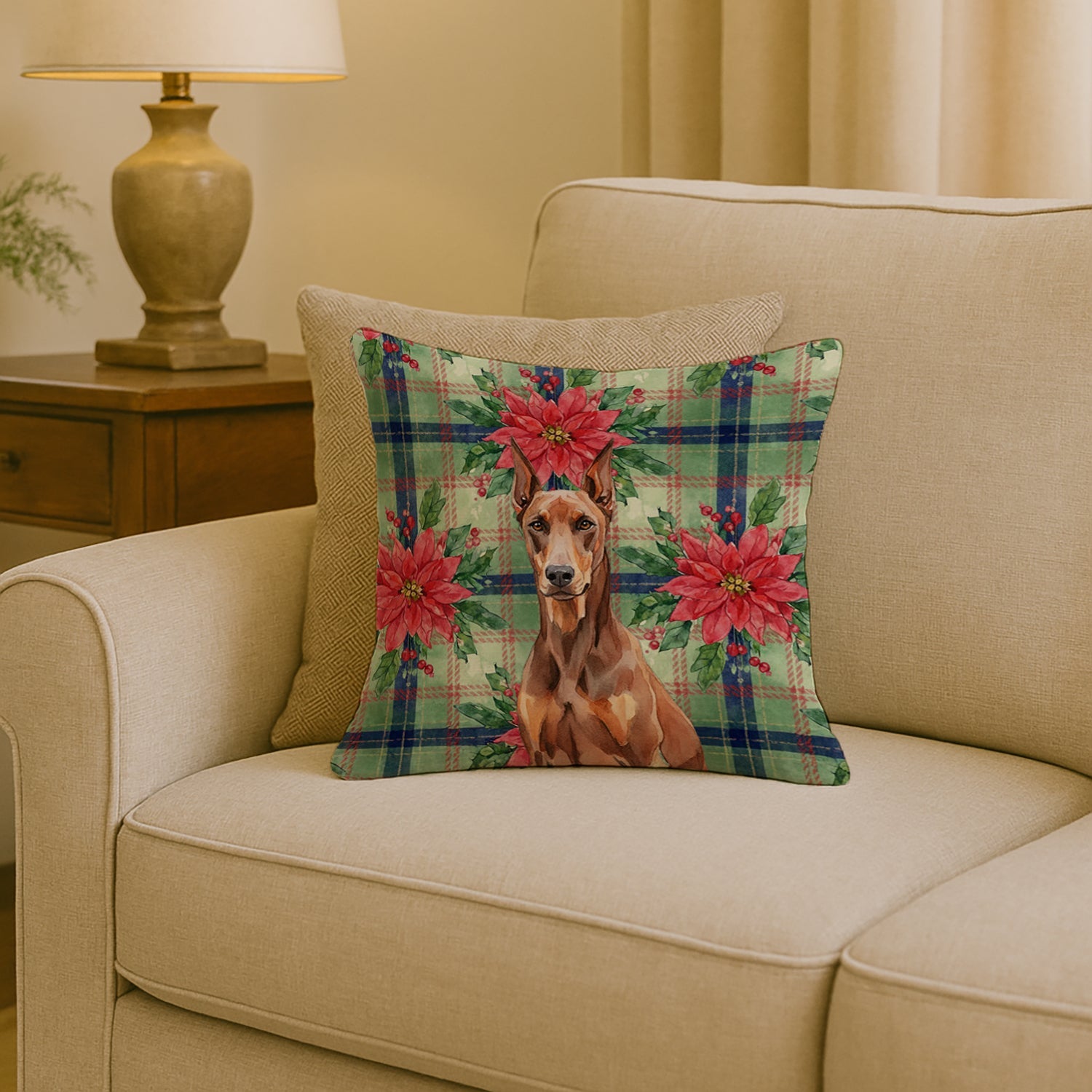 Red Doberman Pinscher Christmas PoinsettIas Decorative Throw Pillow 18x18 Indoor Outdoor Accent Cushion, Fabric Cover with Insert for Sofa, Bed, Porch & Living Room