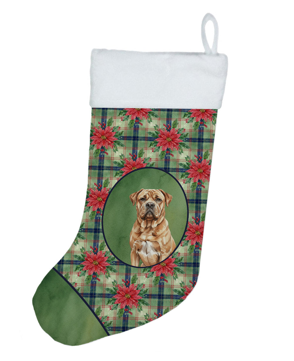Dogue de Bordeaux Christmas PoinsettIas Holiday Stocking Double-Sided Print, Polyester Suede,11x18, Made in USA