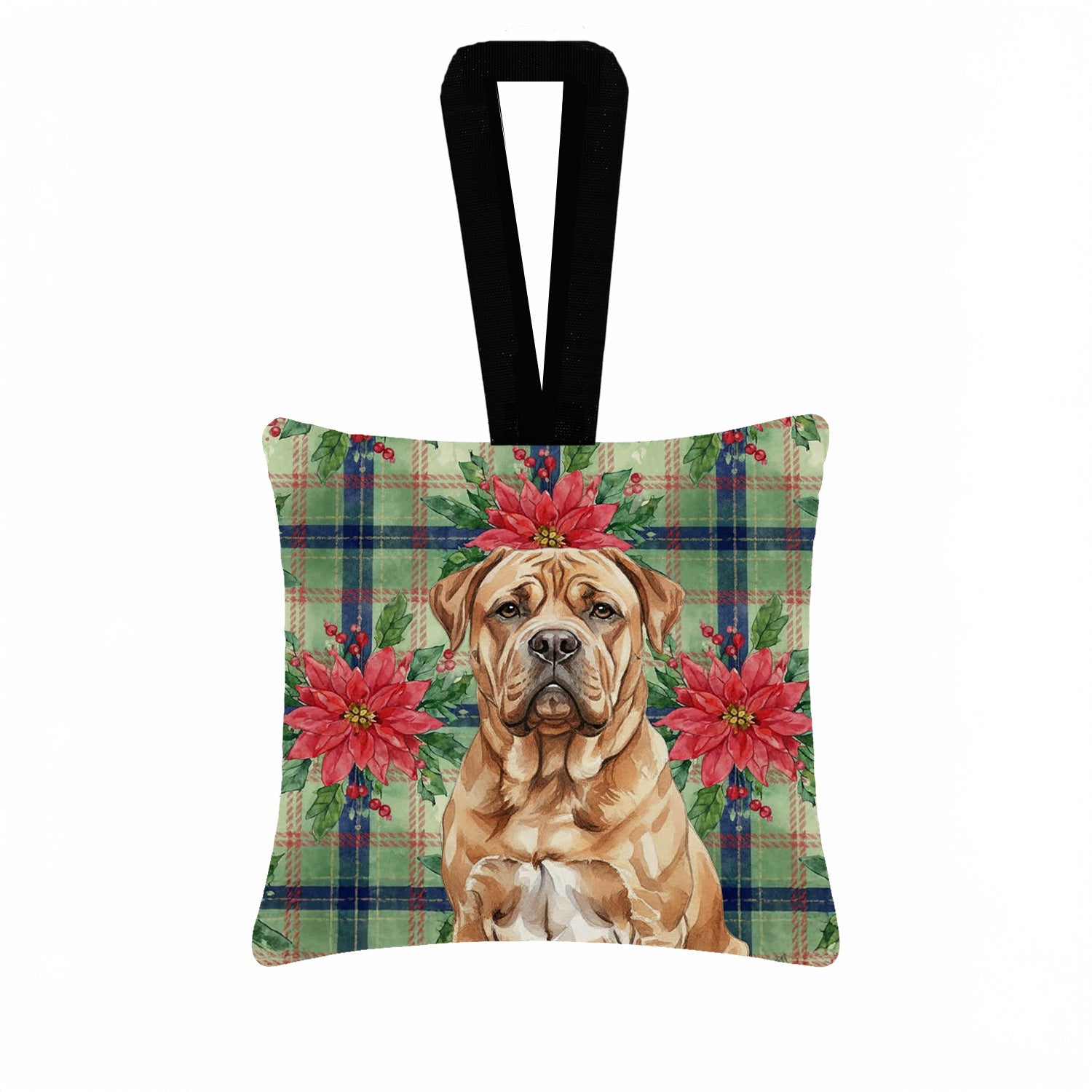 Dogue de Bordeaux Christmas PoinsettIas Hanging Square Fabric Ornament 3.5 � 3.5 Decorative Door-Knob & Tree Hanger, Soft Fabric