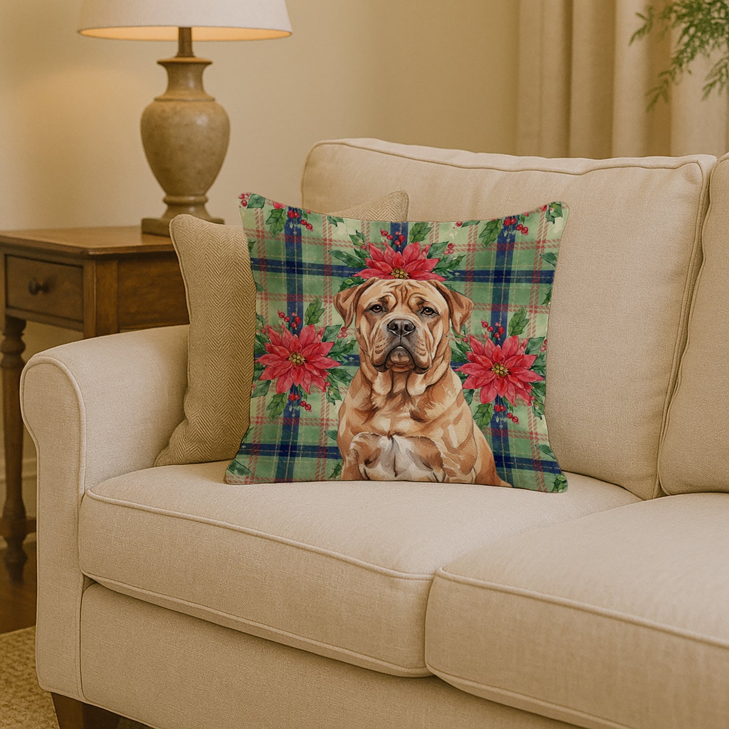 Dogue de Bordeaux Christmas PoinsettIas Decorative Throw Pillow 14x14 Indoor Outdoor Accent Cushion, Fabric Cover with Insert for Sofa, Bed, Porch & Living Room