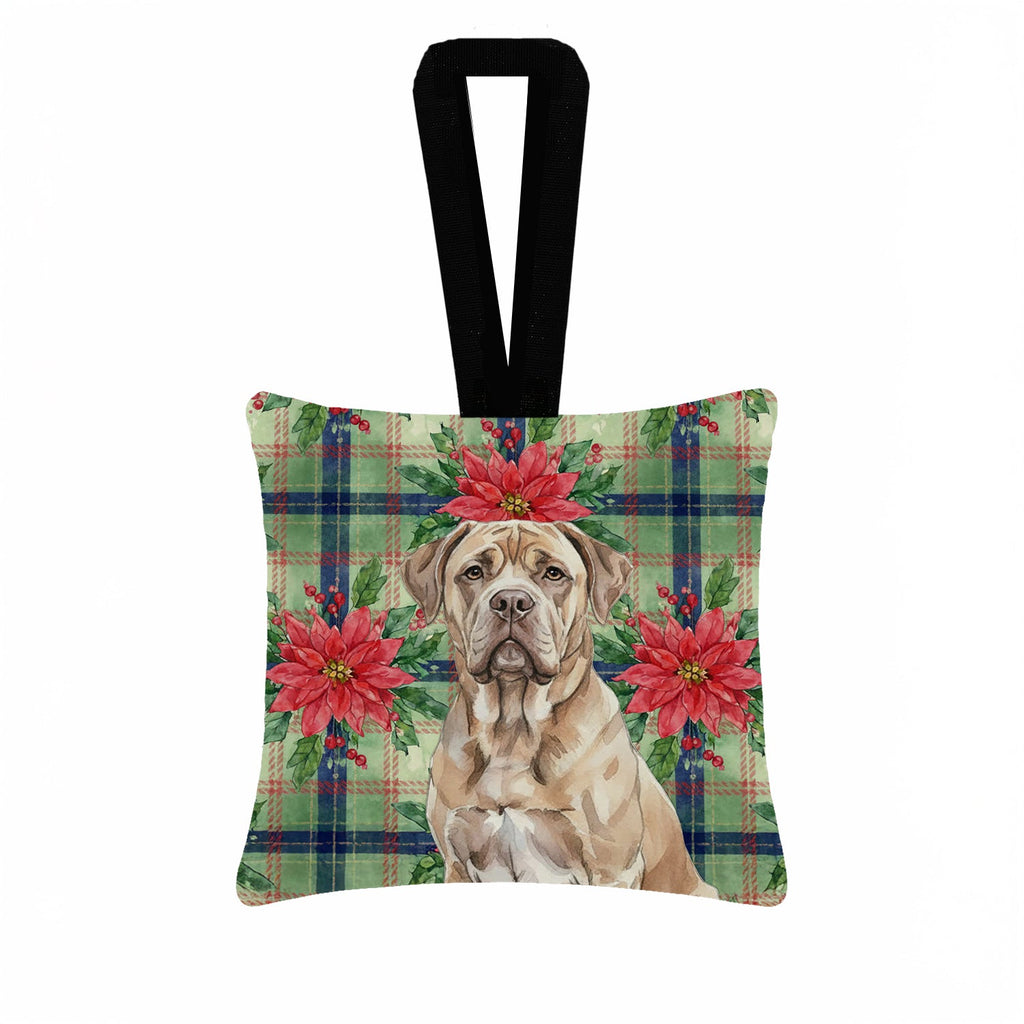 Isabella Dogue de Bordeaux Christmas PoinsettIas Hanging Square Fabric Ornament 3.5 � 3.5 Decorative Door-Knob & Tree Hanger, Soft Fabric