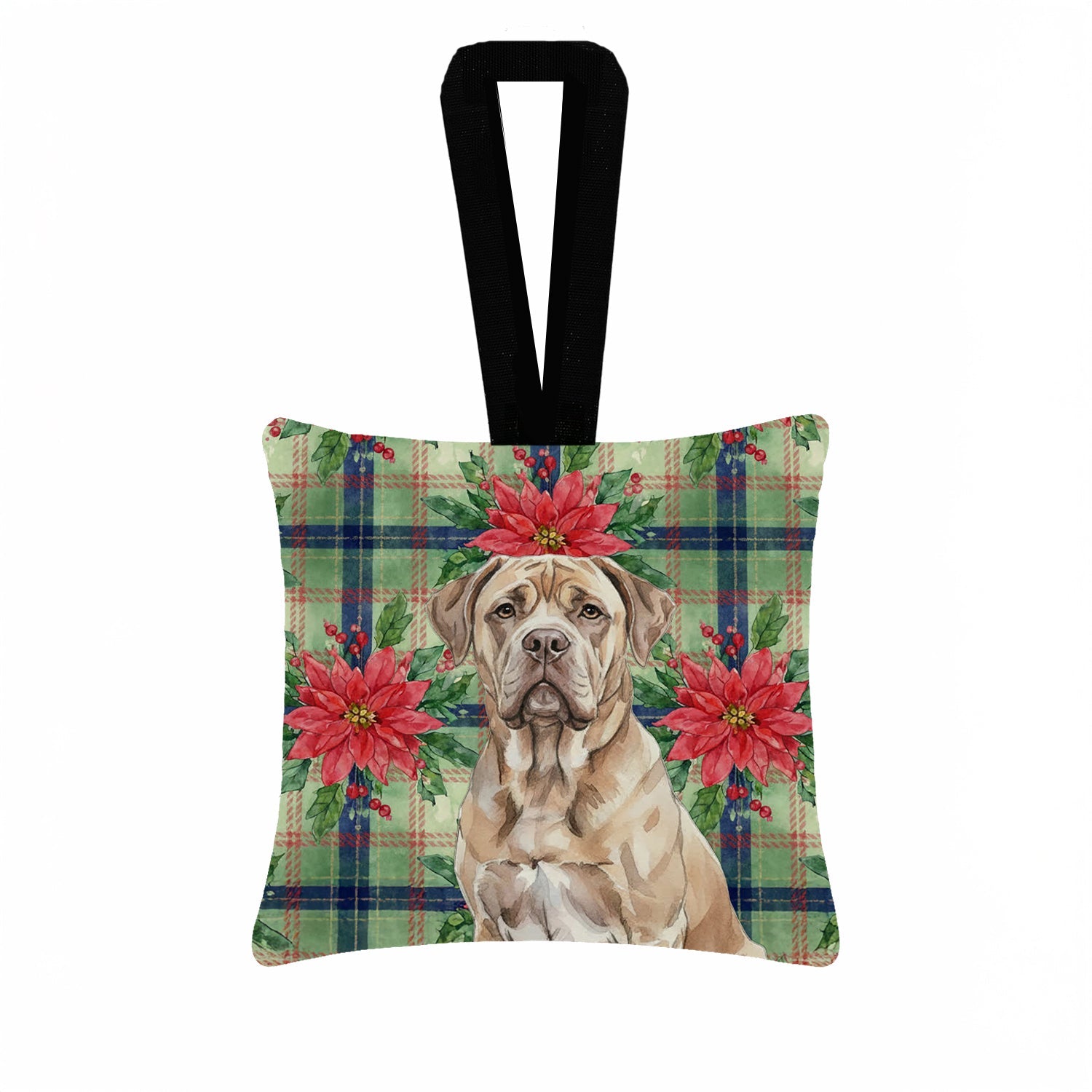 Isabella Dogue de Bordeaux Christmas PoinsettIas Hanging Square Fabric Ornament 3.5 � 3.5 Decorative Door-Knob & Tree Hanger, Soft Fabric