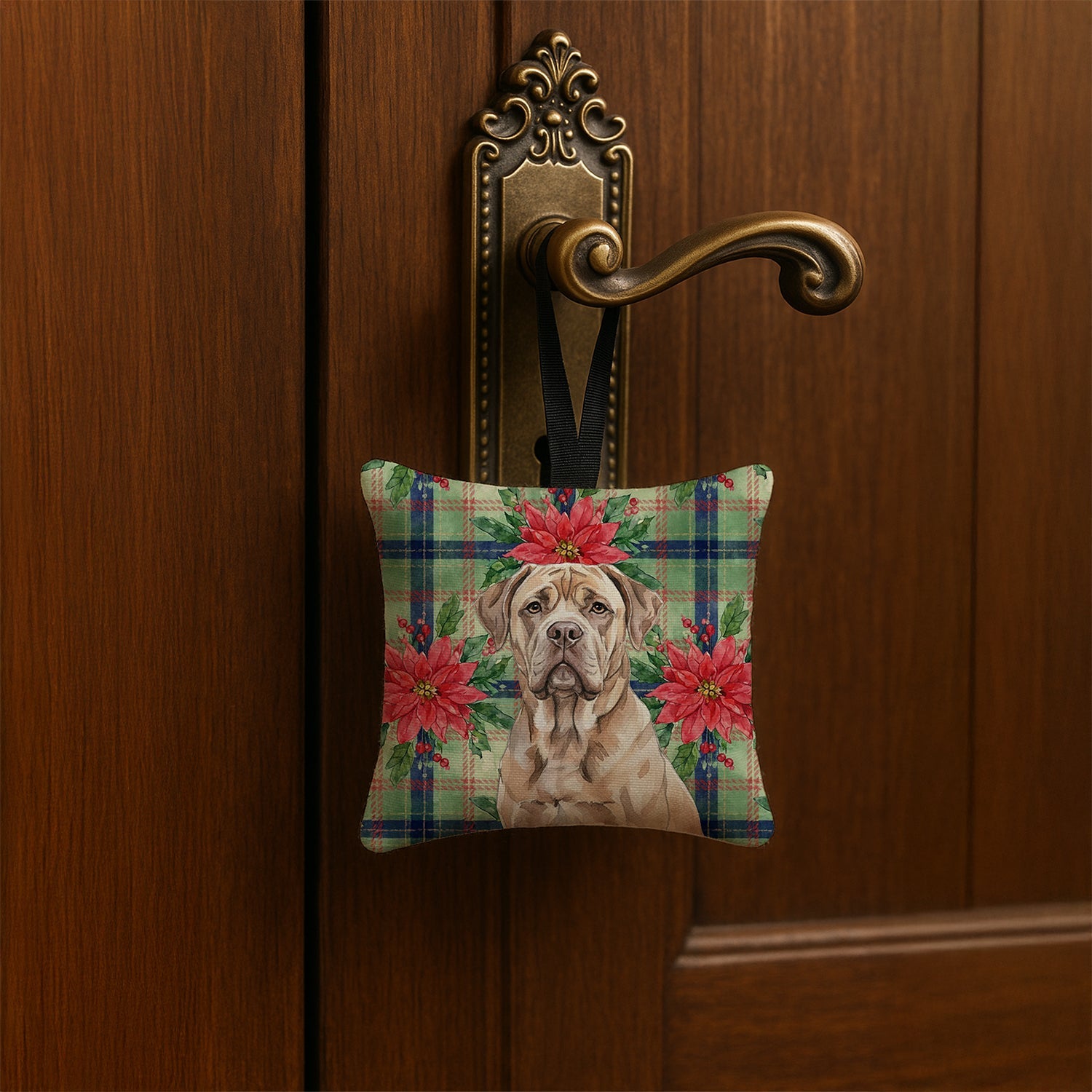Isabella Dogue de Bordeaux Christmas PoinsettIas Hanging Square Fabric Ornament 3.5 � 3.5 Decorative Door-Knob & Tree Hanger, Soft Fabric