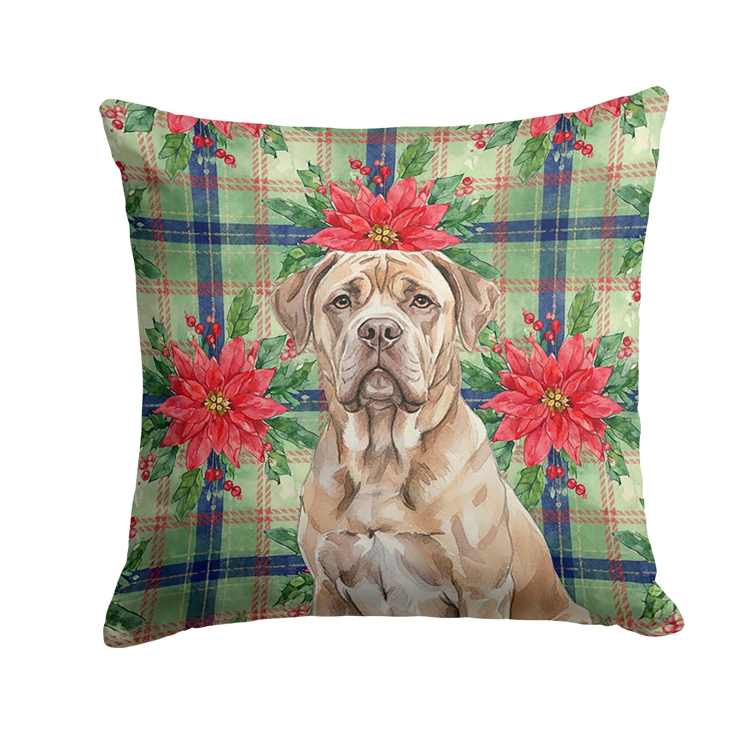 Isabella Dogue de Bordeaux Christmas PoinsettIas Decorative Throw Pillow 18x18 Indoor Outdoor Accent Cushion, Fabric Cover with Insert for Sofa, Bed, Porch & Living Room