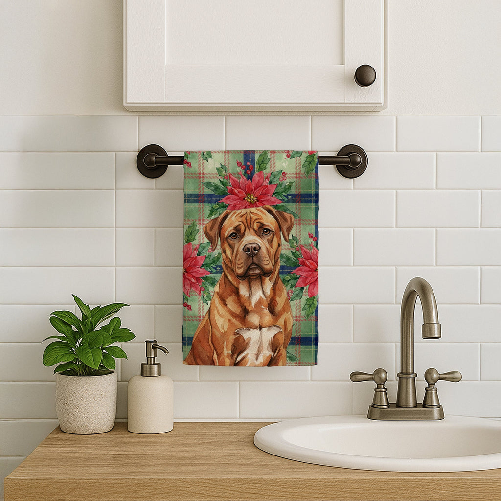 Mahogany Dogue de Bordeaux Christmas PoinsettIas Kitchen Towel Velour Plush Front and Cotton Loop Back Machine Washable