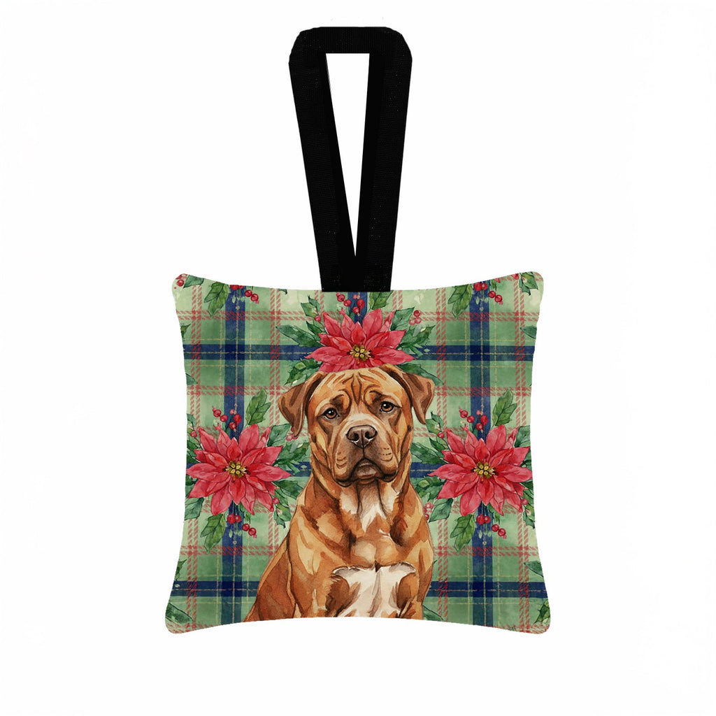 Mahogany Dogue de Bordeaux Christmas PoinsettIas Hanging Square Fabric Ornament 3.5 � 3.5 Decorative Door-Knob & Tree Hanger, Soft Fabric