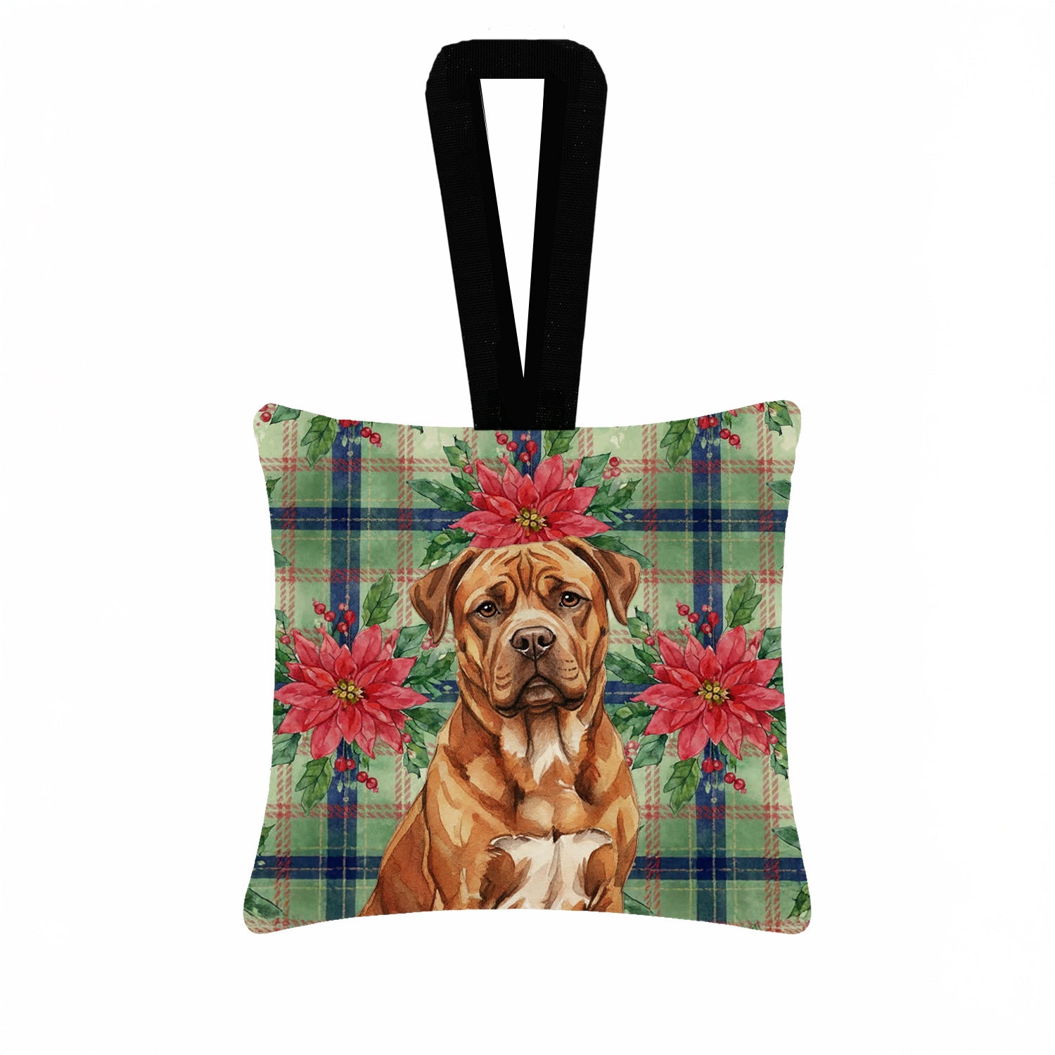 Mahogany Dogue de Bordeaux Christmas PoinsettIas Hanging Square Fabric Ornament 3.5 � 3.5 Decorative Door-Knob & Tree Hanger, Soft Fabric