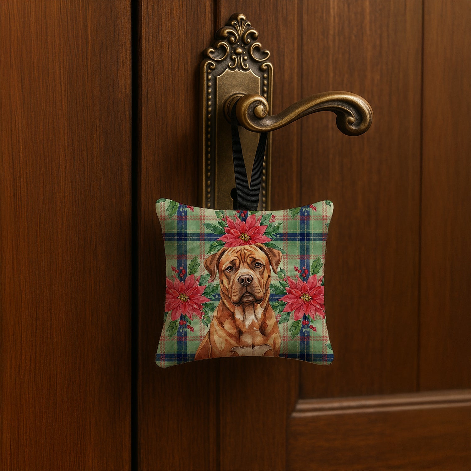 Mahogany Dogue de Bordeaux Christmas PoinsettIas Hanging Square Fabric Ornament 3.5 � 3.5 Decorative Door-Knob & Tree Hanger, Soft Fabric