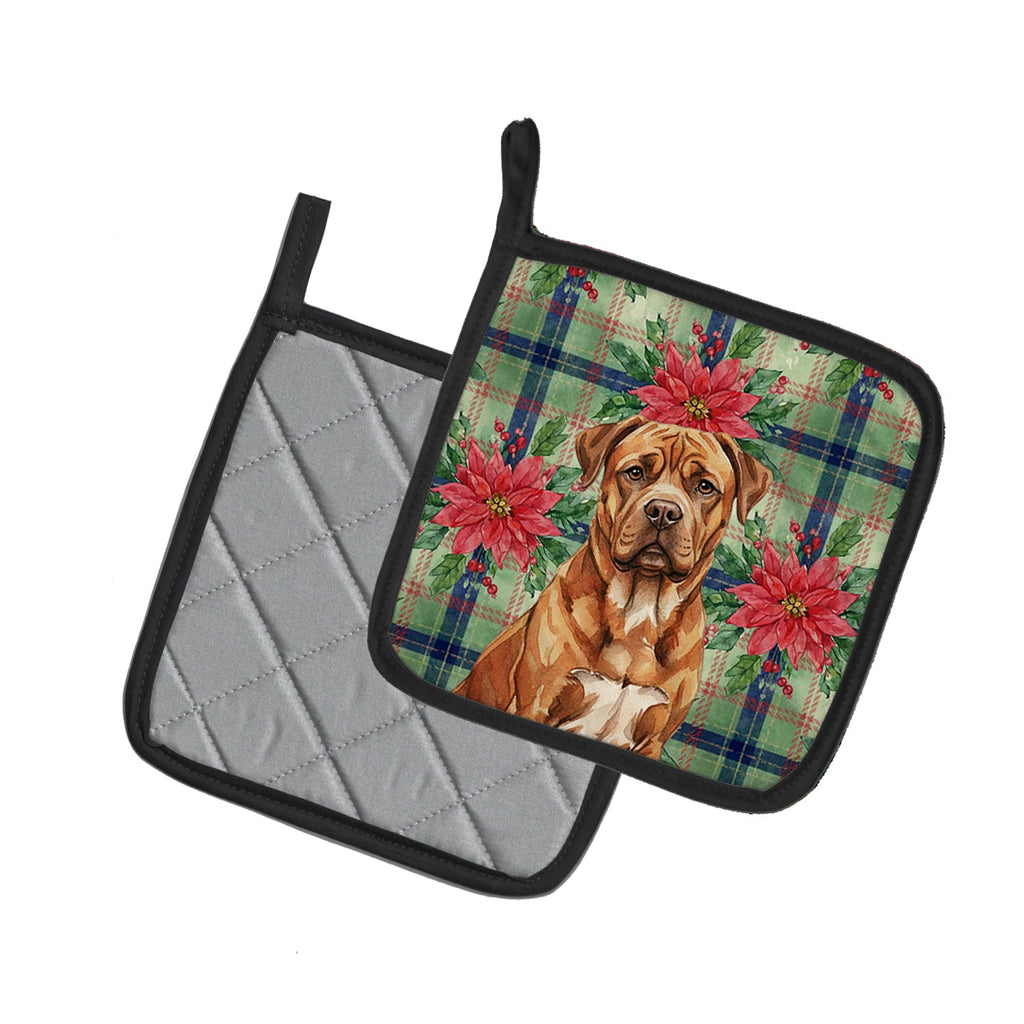 Mahogany Dogue de Bordeaux Christmas PoinsettIas Pot Holder Set of 2 Heat Resistant Quilted Hot Pads 7.5 x 7.5 Inch, Insulated Kitchen Trivets for Cooking & Baking