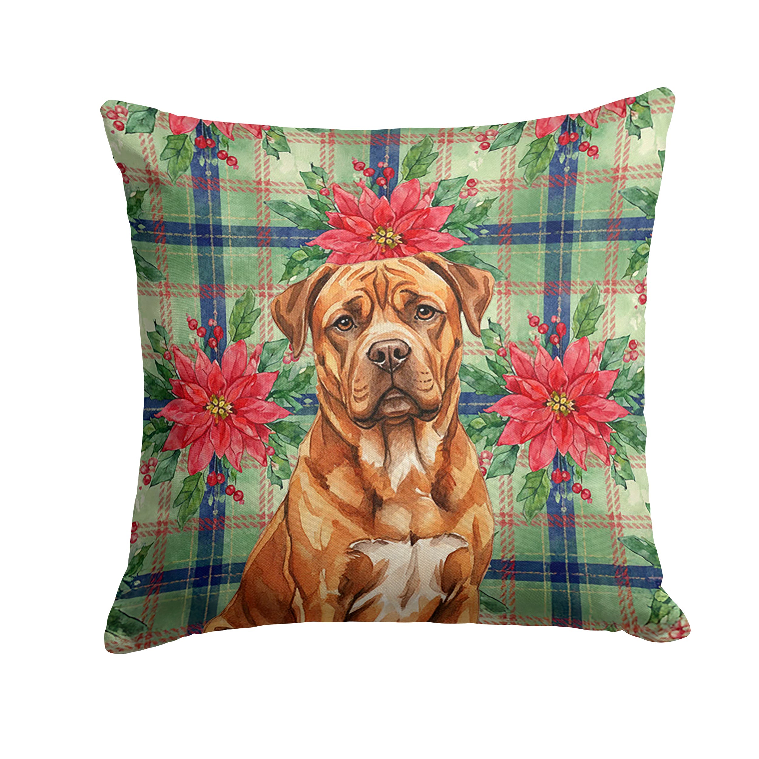 Mahogany Dogue de Bordeaux Christmas PoinsettIas Decorative Throw Pillow 14x14 Indoor Outdoor Accent Cushion, Fabric Cover with Insert for Sofa, Bed, Porch & Living Room