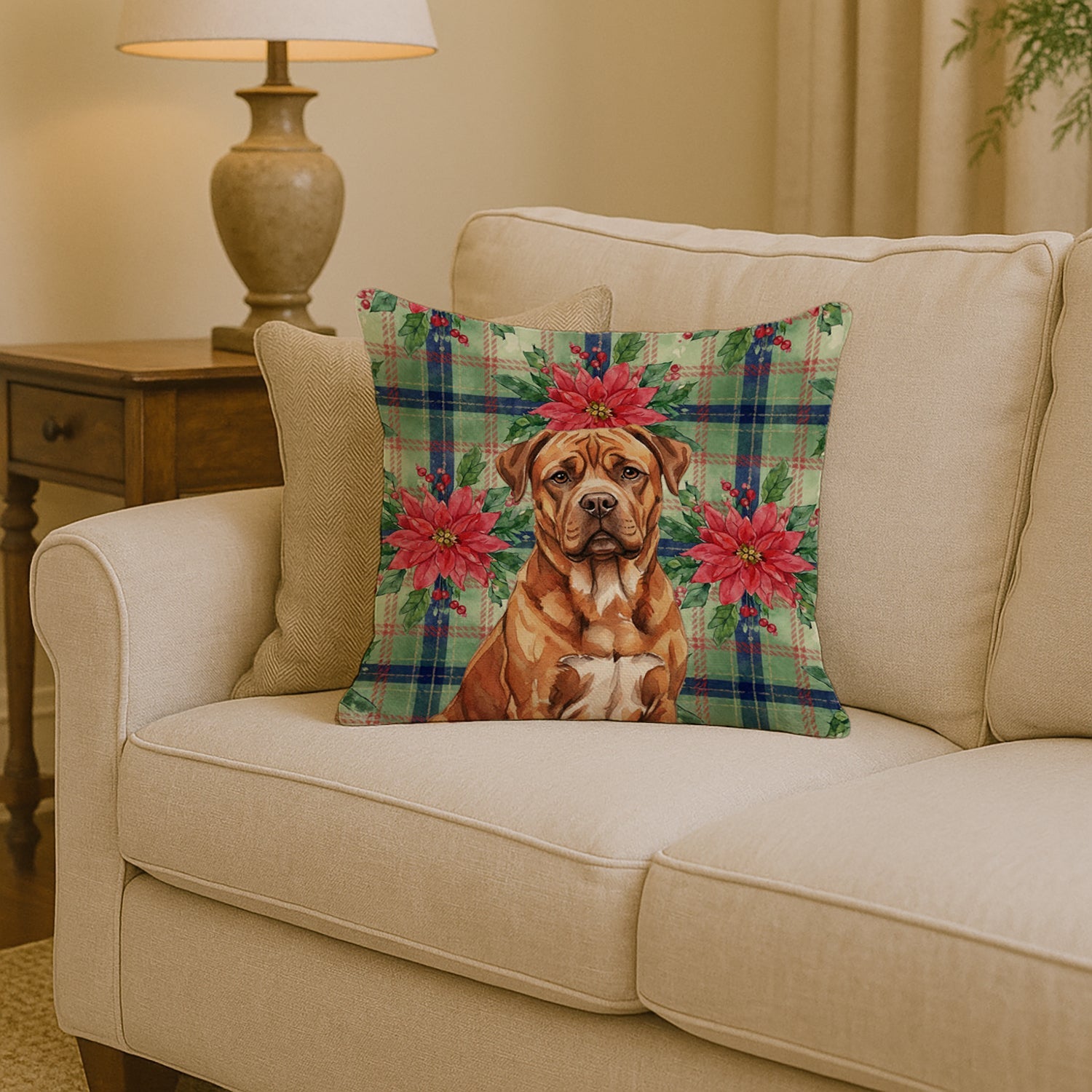 Mahogany Dogue de Bordeaux Christmas PoinsettIas Decorative Throw Pillow 14x14 Indoor Outdoor Accent Cushion, Fabric Cover with Insert for Sofa, Bed, Porch & Living Room