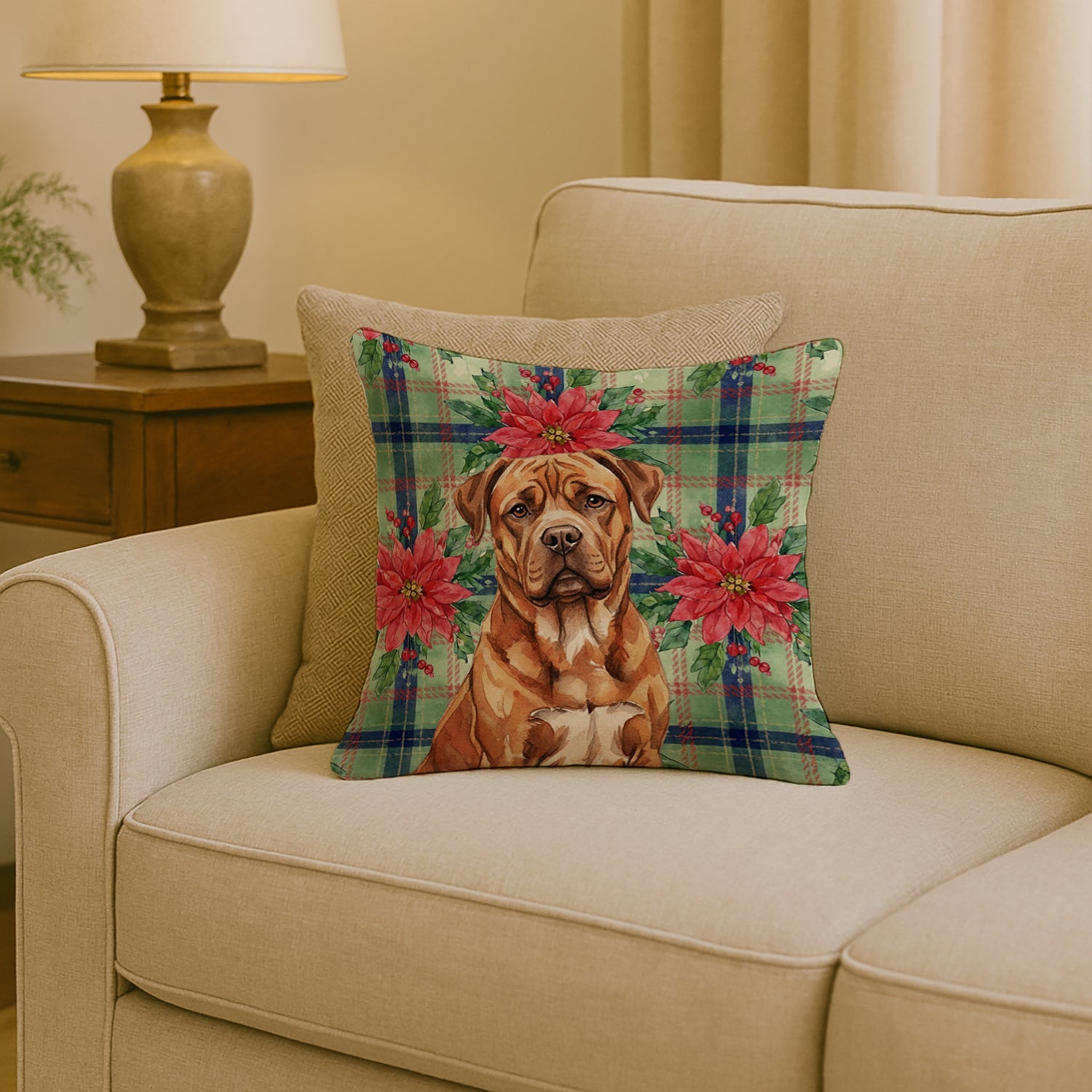 Mahogany Dogue de Bordeaux Christmas PoinsettIas Decorative Throw Pillow 18x18 Indoor Outdoor Accent Cushion, Fabric Cover with Insert for Sofa, Bed, Porch & Living Room