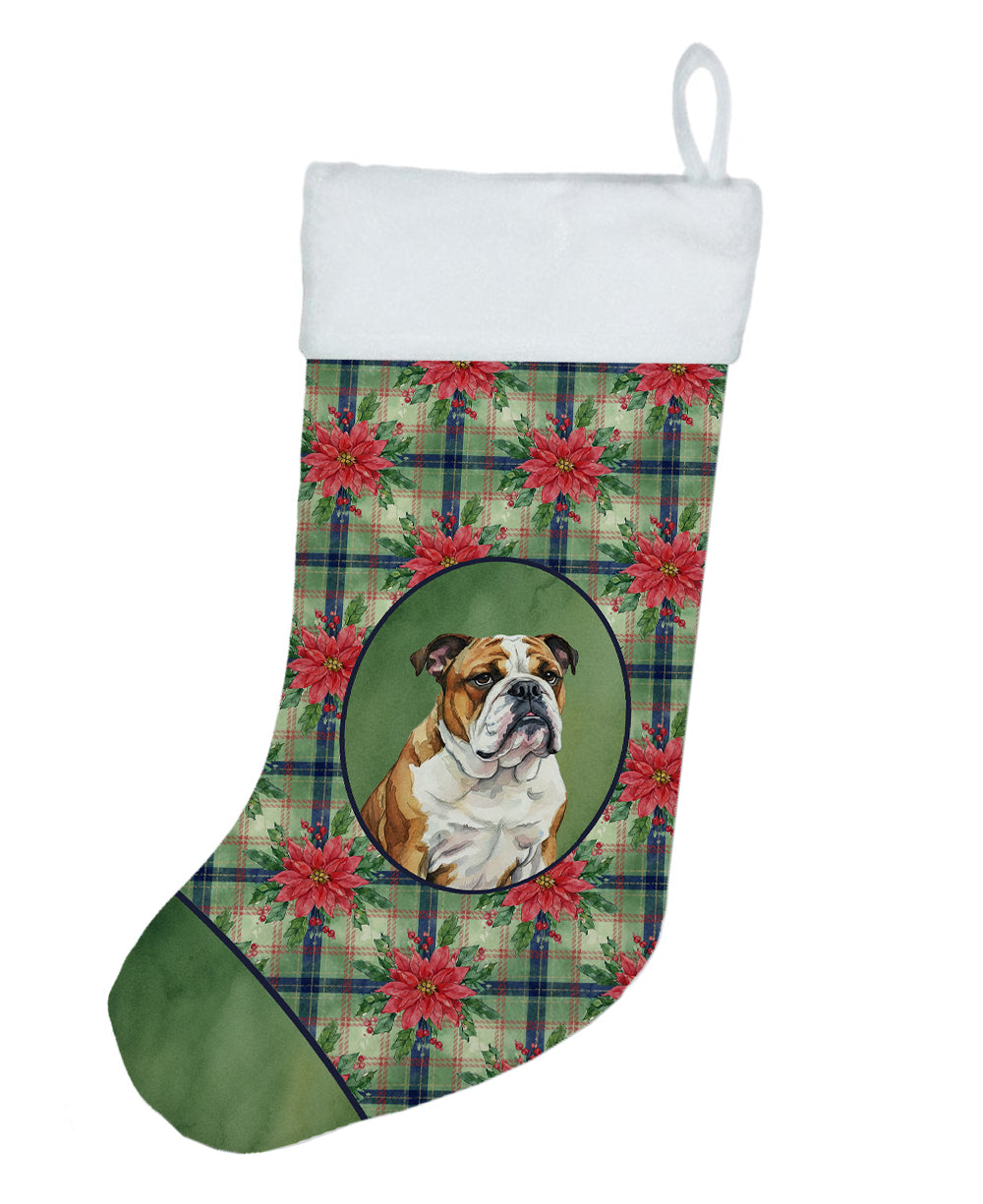 Brindle and White English Bulldog Christmas PoinsettIas Holiday Stocking Double-Sided Print, Polyester Suede,11x18, Made in USA