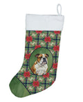 Brindle and White English Bulldog Christmas PoinsettIas Holiday Stocking Double-Sided Print, Polyester Suede,11x18, Made in USA