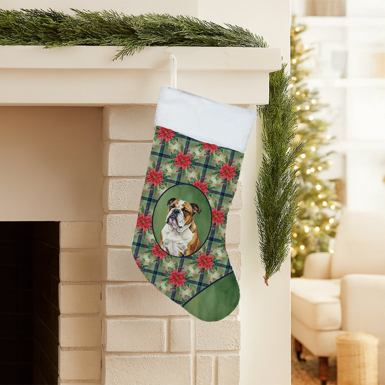 Brindle and White English Bulldog Christmas PoinsettIas Holiday Stocking Double-Sided Print, Polyester Suede,11x18, Made in USA