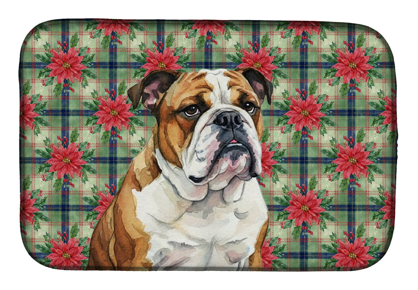 Brindle and White English Bulldog Christmas PoinsettIas Dish Drying Mat Absorbent Dish Drying Mat Pad for Kitchen Counter Dish Drainer Mat for Countertop, 14 x 21", Multicolor