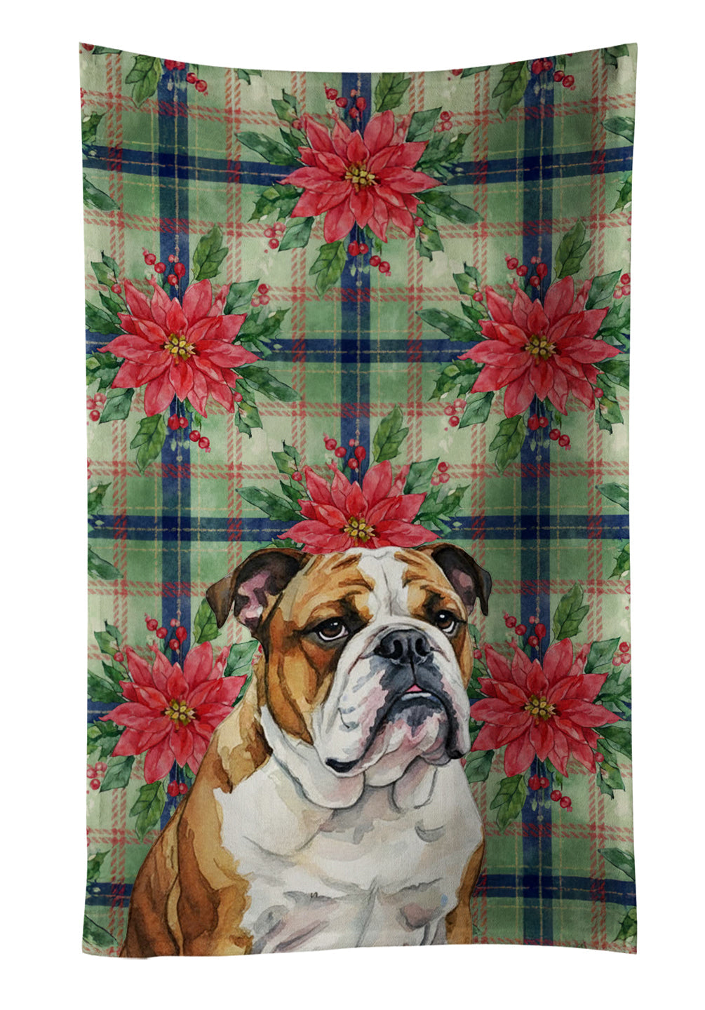 Brindle and White English Bulldog Christmas PoinsettIas Kitchen Towel Velour Plush Front and Cotton Loop Back Machine Washable